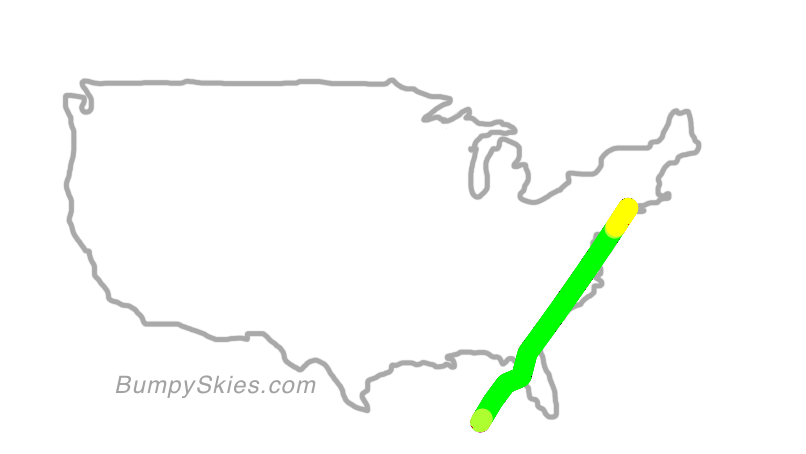Map of continental US with illustrated flight path and turbulence forecast (described in text below)
