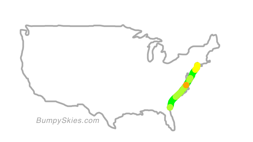 Map of continental US with illustrated flight path and turbulence forecast (described in text below)