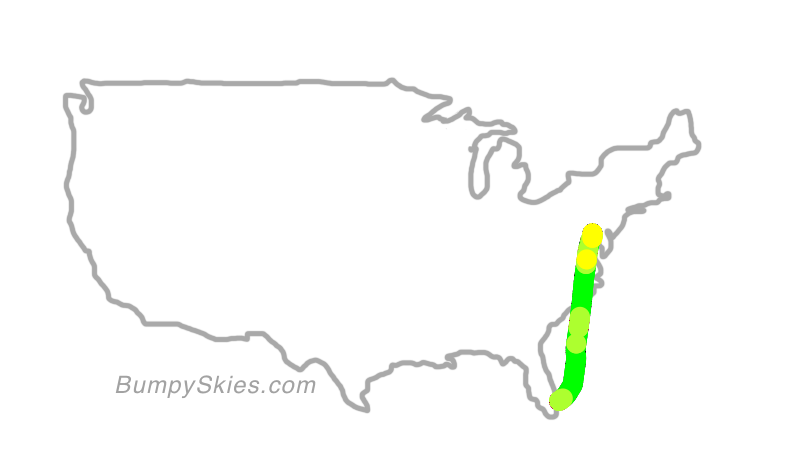 Map of continental US with illustrated flight path and turbulence forecast (described in text below)