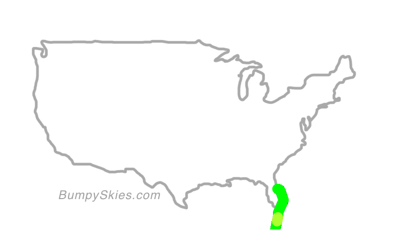 Map of continental US with illustrated flight path and turbulence forecast (described in text below)