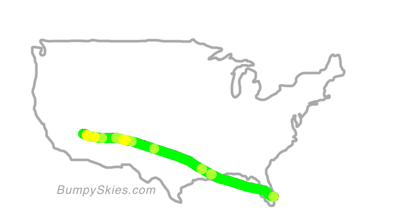 Map of continental US with illustrated flight path and turbulence forecast (described in text below)