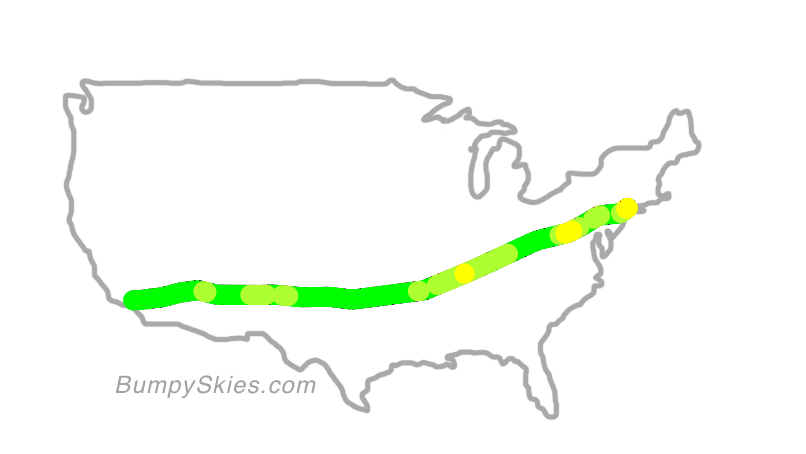 Map of continental US with illustrated flight path and turbulence forecast (described in text below)