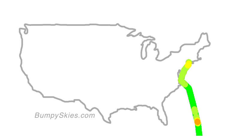 Map of continental US with illustrated flight path and turbulence forecast (described in text below)