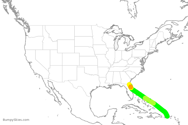 Turbulence forecast map for JBU1743, JAX to SJU