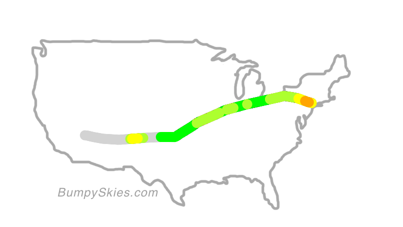 Map of continental US with illustrated flight path and turbulence forecast (described in text below)