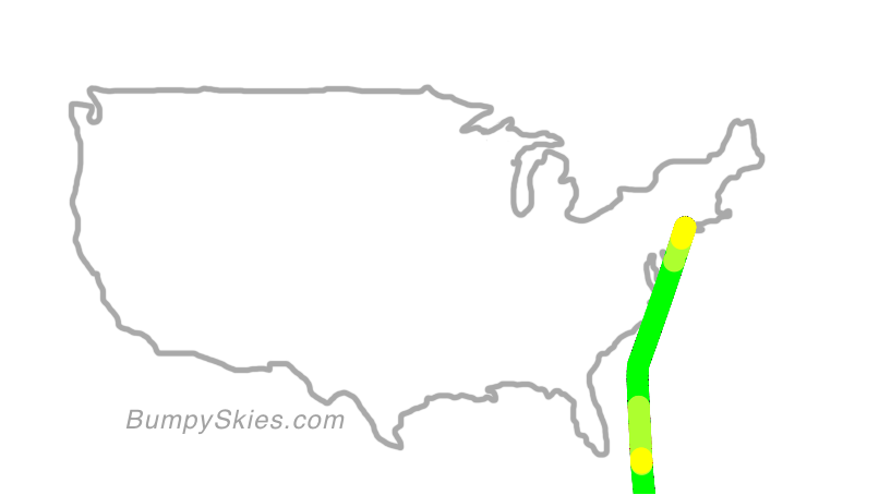 Map of continental US with illustrated flight path and turbulence forecast (described in text below)