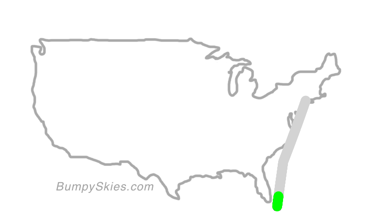 Map of continental US with illustrated flight path and turbulence forecast (described in text below)