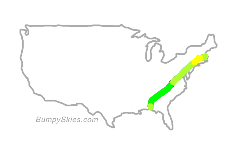 Map of continental US with illustrated flight path and turbulence forecast (described in text below)