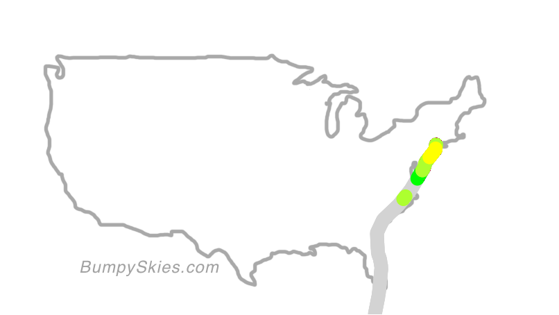 Map of continental US with illustrated flight path and turbulence forecast (described in text below)