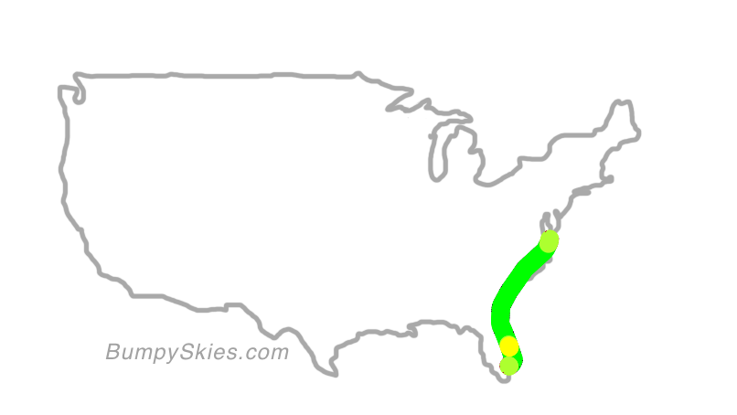 Map of continental US with illustrated flight path and turbulence forecast (described in text below)
