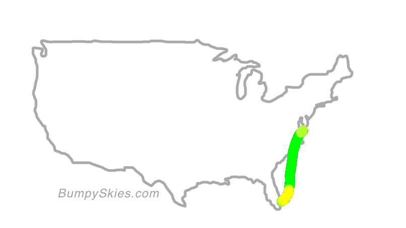 Map of continental US with illustrated flight path and turbulence forecast (described in text below)