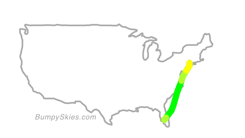 Map of continental US with illustrated flight path and turbulence forecast (described in text below)