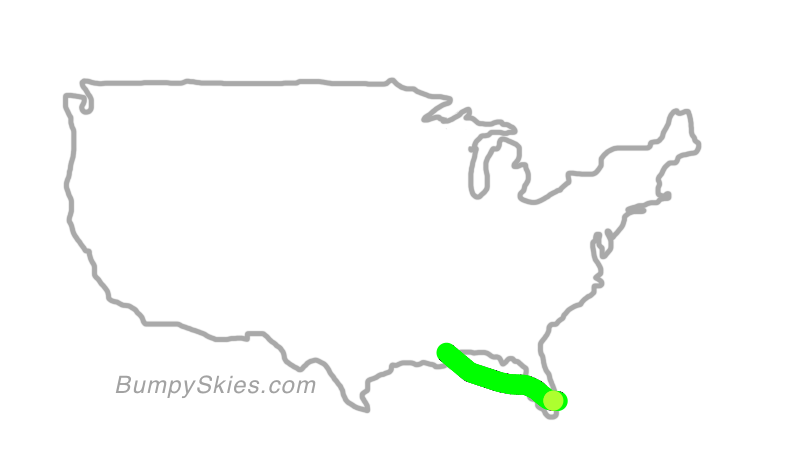Map of continental US with illustrated flight path and turbulence forecast (described in text below)