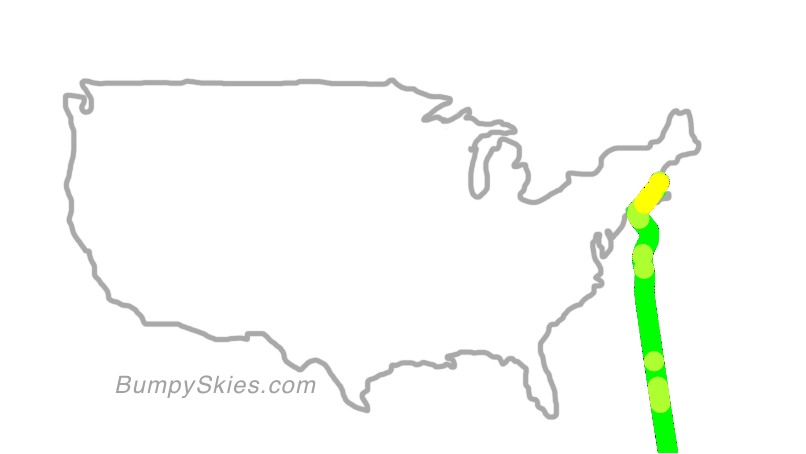 Map of continental US with illustrated flight path and turbulence forecast (described in text below)