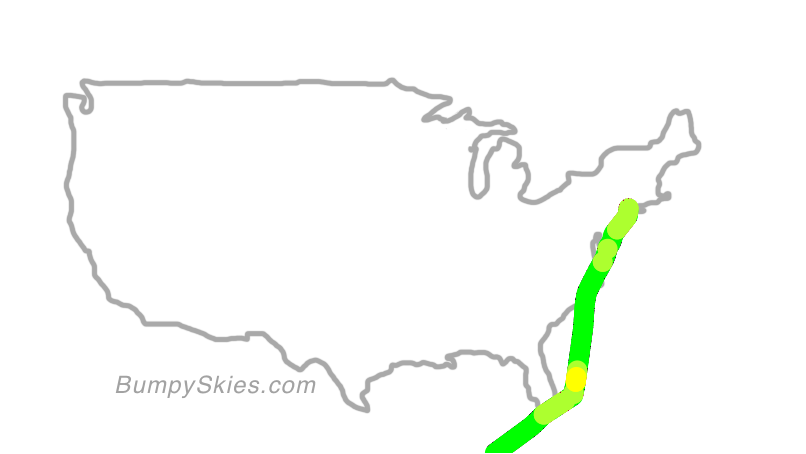 Map of continental US with illustrated flight path and turbulence forecast (described in text below)