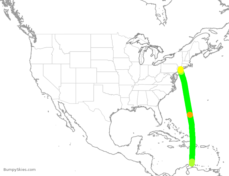 Turbulence forecast map for JBU1858, AUA to JFK