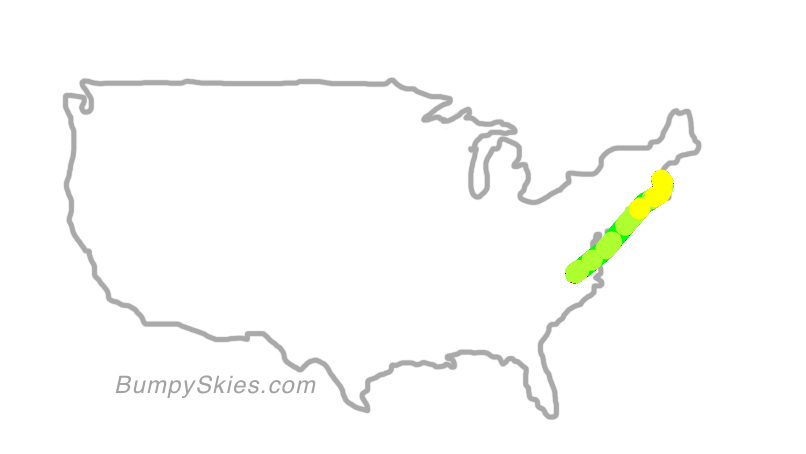 Map of continental US with illustrated flight path and turbulence forecast (described in text below)