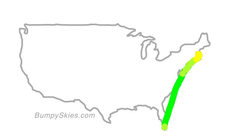 Map of continental US with illustrated flight path and turbulence forecast (described in text below)
