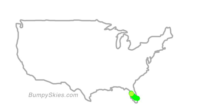 Map of continental US with illustrated flight path and turbulence forecast (described in text below)