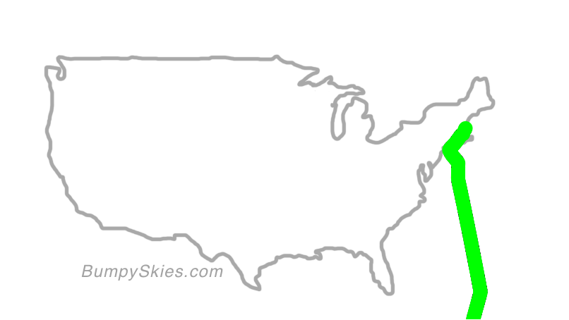 Map of continental US with illustrated flight path and turbulence forecast (described in text below)