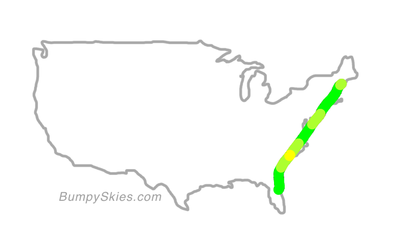 Map of continental US with illustrated flight path and turbulence forecast (described in text below)