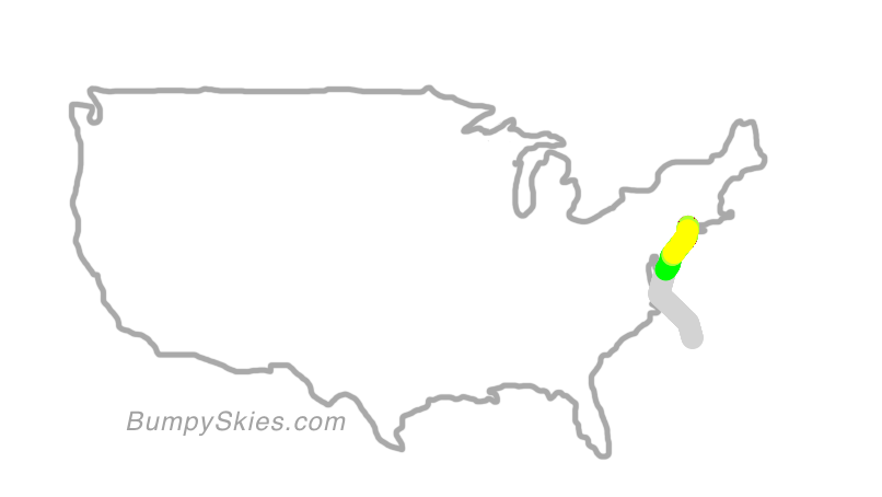 Map of continental US with illustrated flight path and turbulence forecast (described in text below)