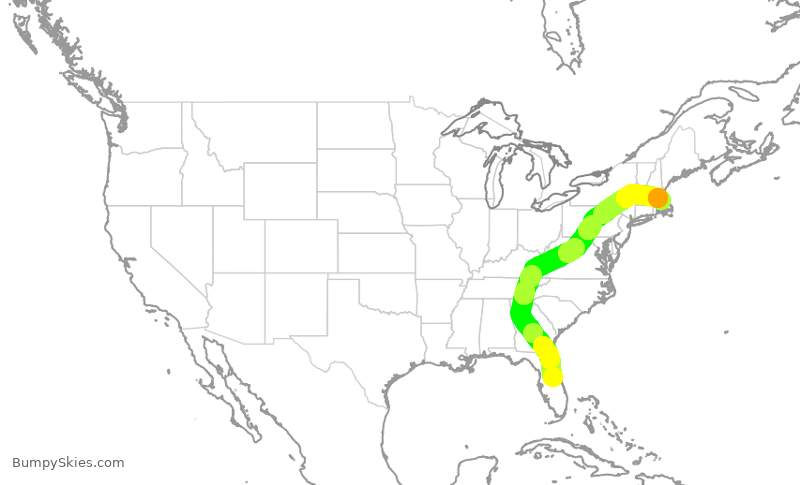 Turbulence forecast map for JBU1952, MCO to BOS