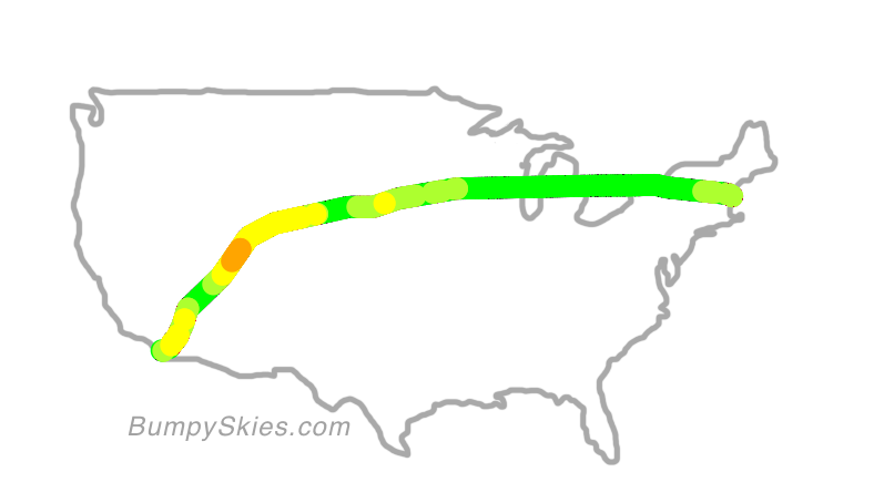 Map of continental US with illustrated flight path and turbulence forecast (described in text below)