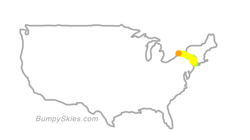 Map of continental US with illustrated flight path and turbulence forecast (described in text below)