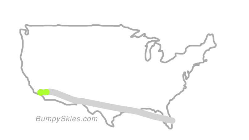 Map of continental US with illustrated flight path and turbulence forecast (described in text below)