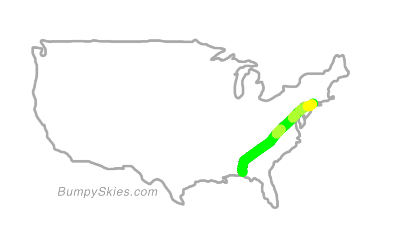 Map of continental US with illustrated flight path and turbulence forecast (described in text below)
