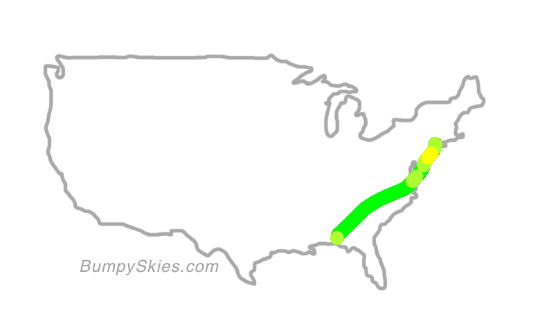 Map of continental US with illustrated flight path and turbulence forecast (described in text below)