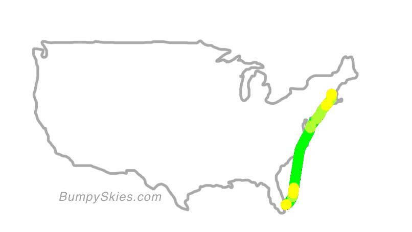 Map of continental US with illustrated flight path and turbulence forecast (described in text below)