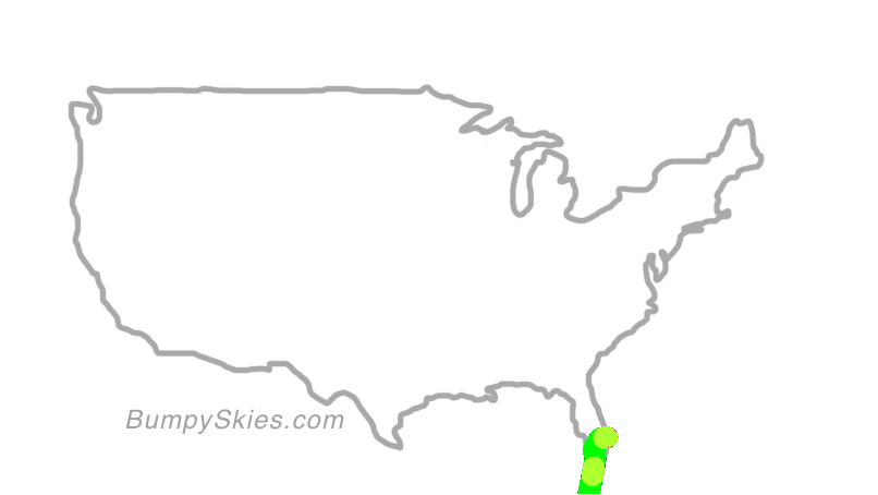Map of continental US with illustrated flight path and turbulence forecast (described in text below)