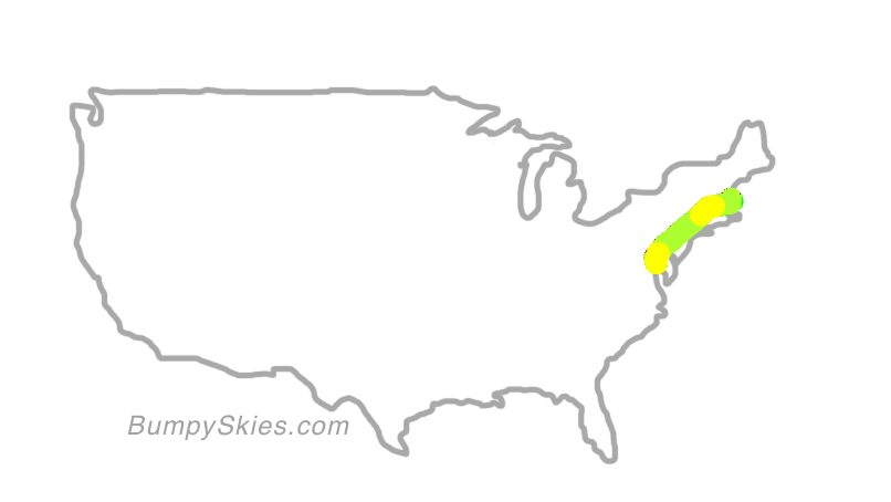 Map of continental US with illustrated flight path and turbulence forecast (described in text below)