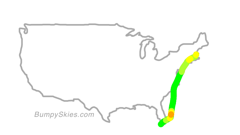 Map of continental US with illustrated flight path and turbulence forecast (described in text below)
