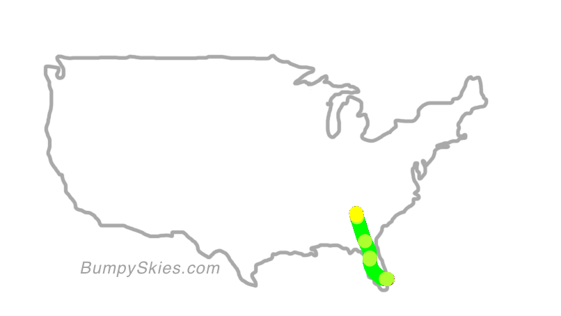 Map of continental US with illustrated flight path and turbulence forecast (described in text below)