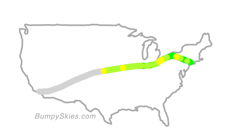 Map of continental US with illustrated flight path and turbulence forecast (described in text below)