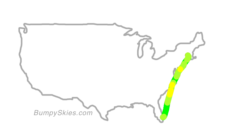 Map of continental US with illustrated flight path and turbulence forecast (described in text below)