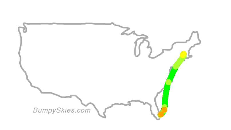 Map of continental US with illustrated flight path and turbulence forecast (described in text below)