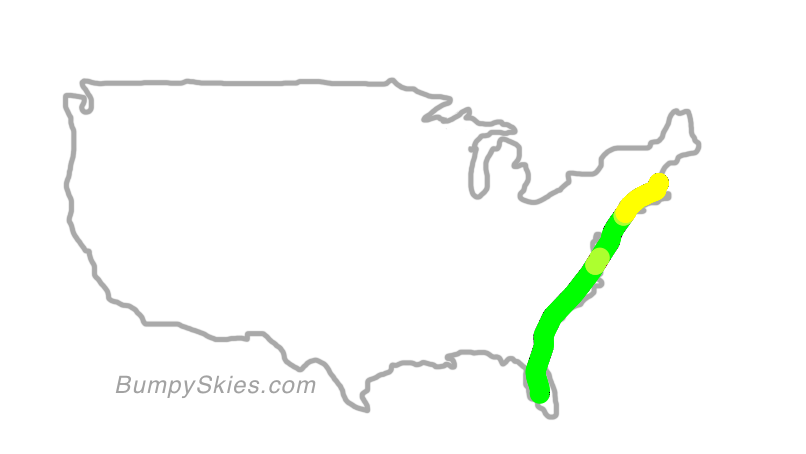 Map of continental US with illustrated flight path and turbulence forecast (described in text below)