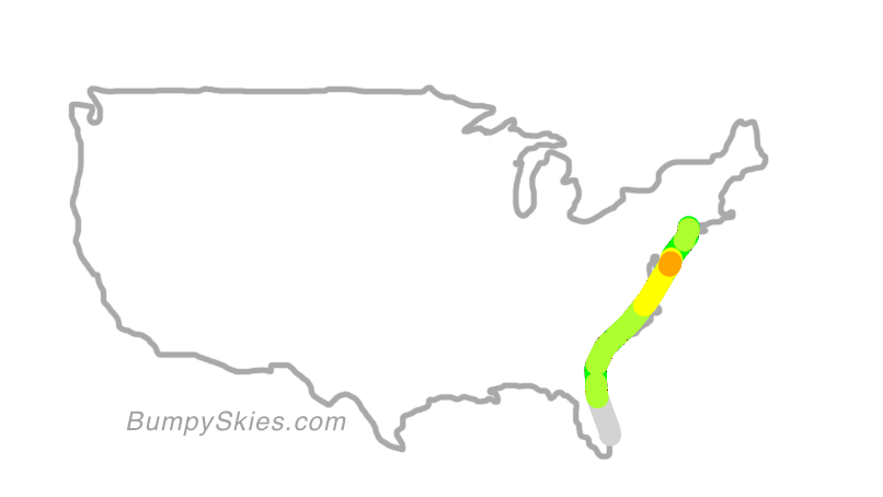 Map of continental US with illustrated flight path and turbulence forecast (described in text below)