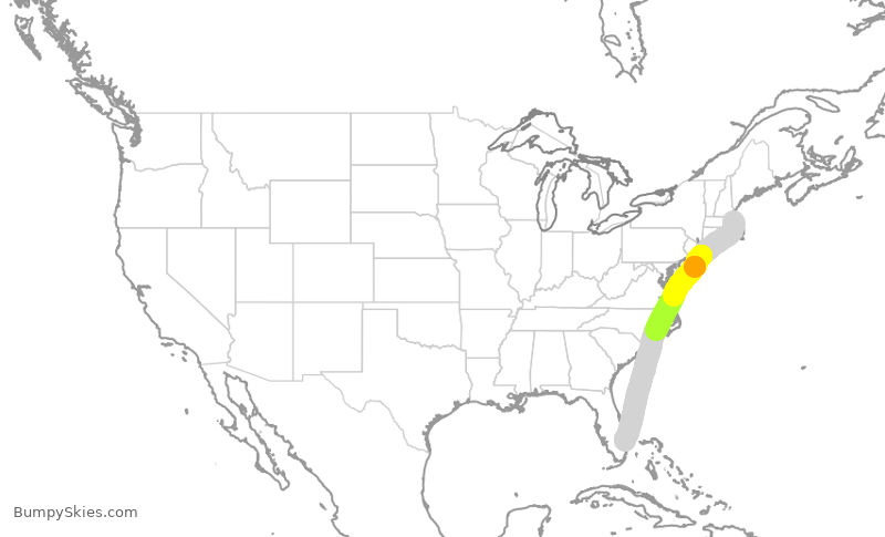 Map of continental US with illustrated flight path and turbulence forecast (described in text below)