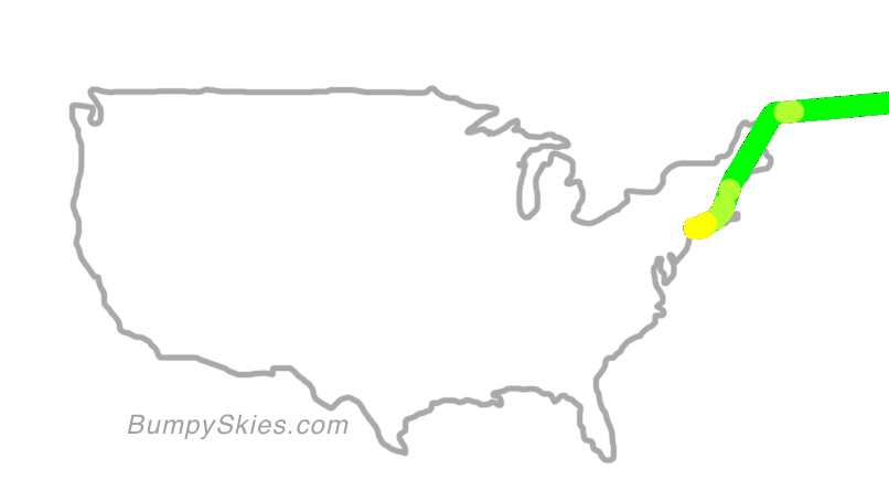 Map of continental US with illustrated flight path and turbulence forecast (described in text below)
