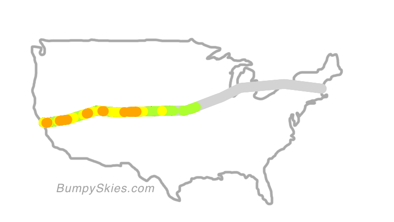 Map of continental US with illustrated flight path and turbulence forecast (described in text below)