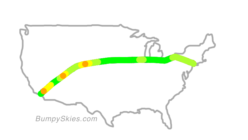 Map of continental US with illustrated flight path and turbulence forecast (described in text below)