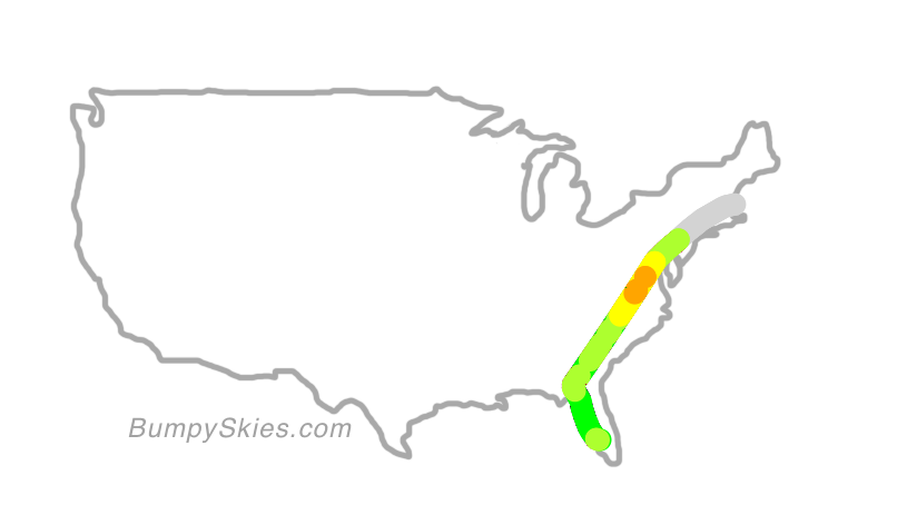 Map of continental US with illustrated flight path and turbulence forecast (described in text below)
