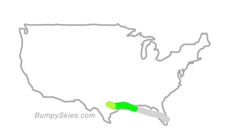Map of continental US with illustrated flight path and turbulence forecast (described in text below)