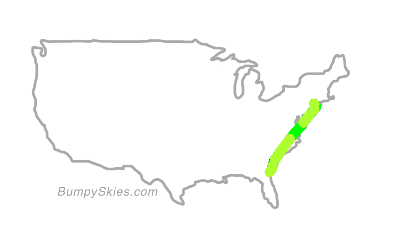 Map of continental US with illustrated flight path and turbulence forecast (described in text below)