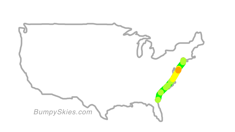 Map of continental US with illustrated flight path and turbulence forecast (described in text below)